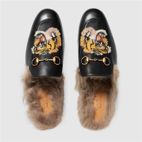 gucci black fur princetown tiger slippers|gucci princetown mule beige.